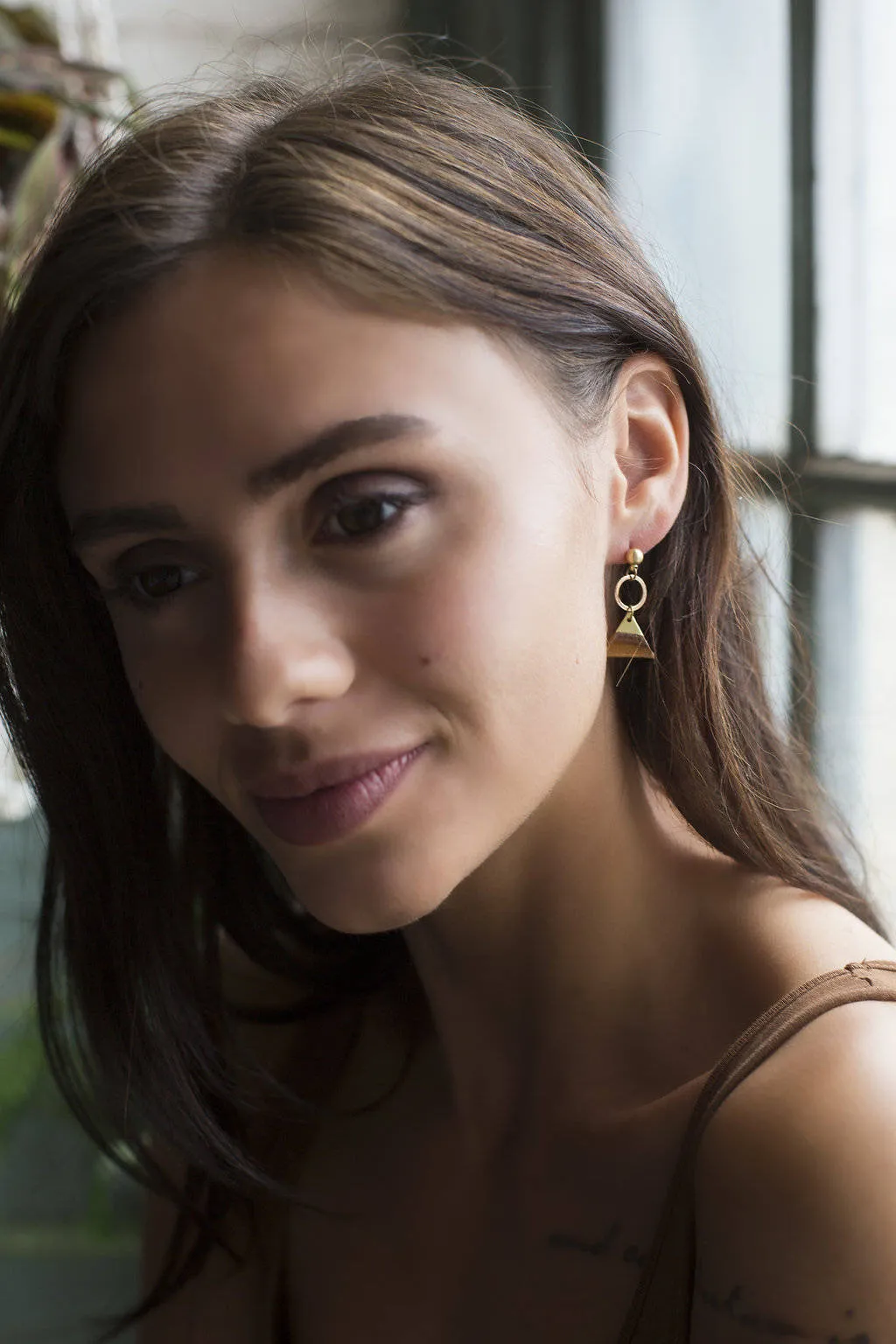 Short Leather and Brass Dangle Earrings - Mountain Inspired