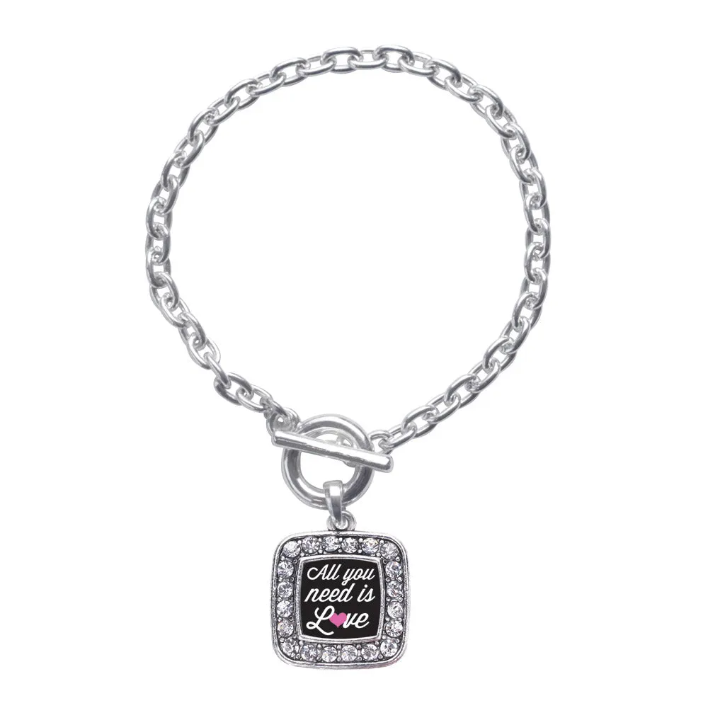 Silver All You Need Is Love Square Charm Toggle Bracelet