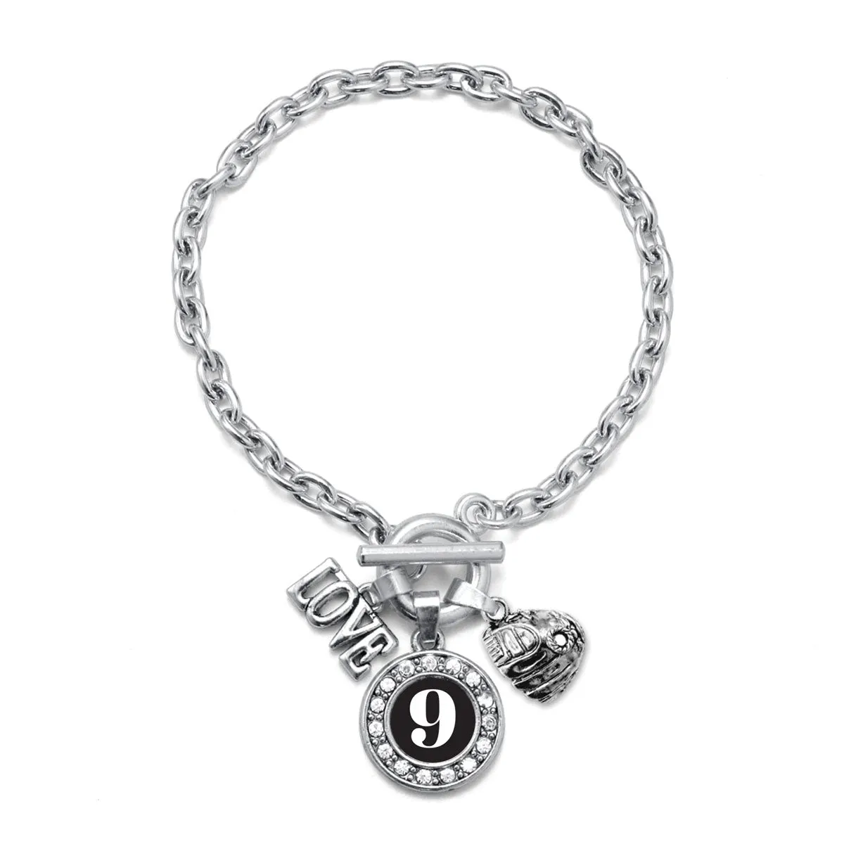 Silver Baseball Glove - Sports Number 9 Circle Charm Toggle Bracelet