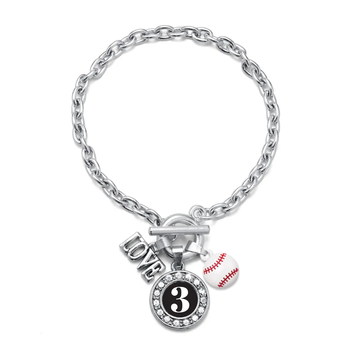 Silver Baseball - Sports Number 3 Circle Charm Toggle Bracelet