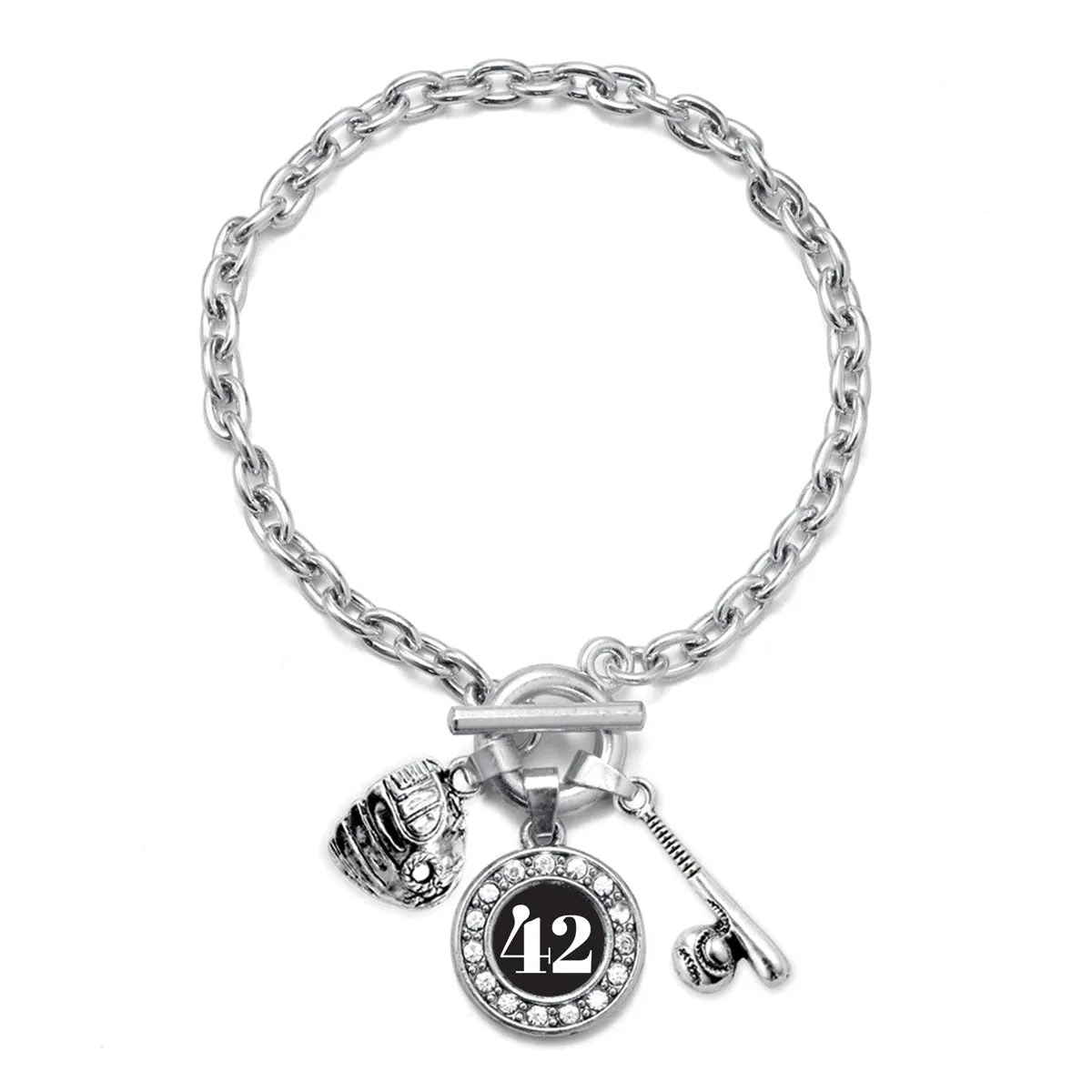 Silver Baseball/Softball - Sports Number 42 Circle Charm Toggle Bracelet