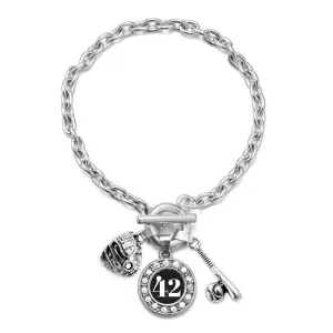 Silver Baseball/Softball - Sports Number 42 Circle Charm Toggle Bracelet