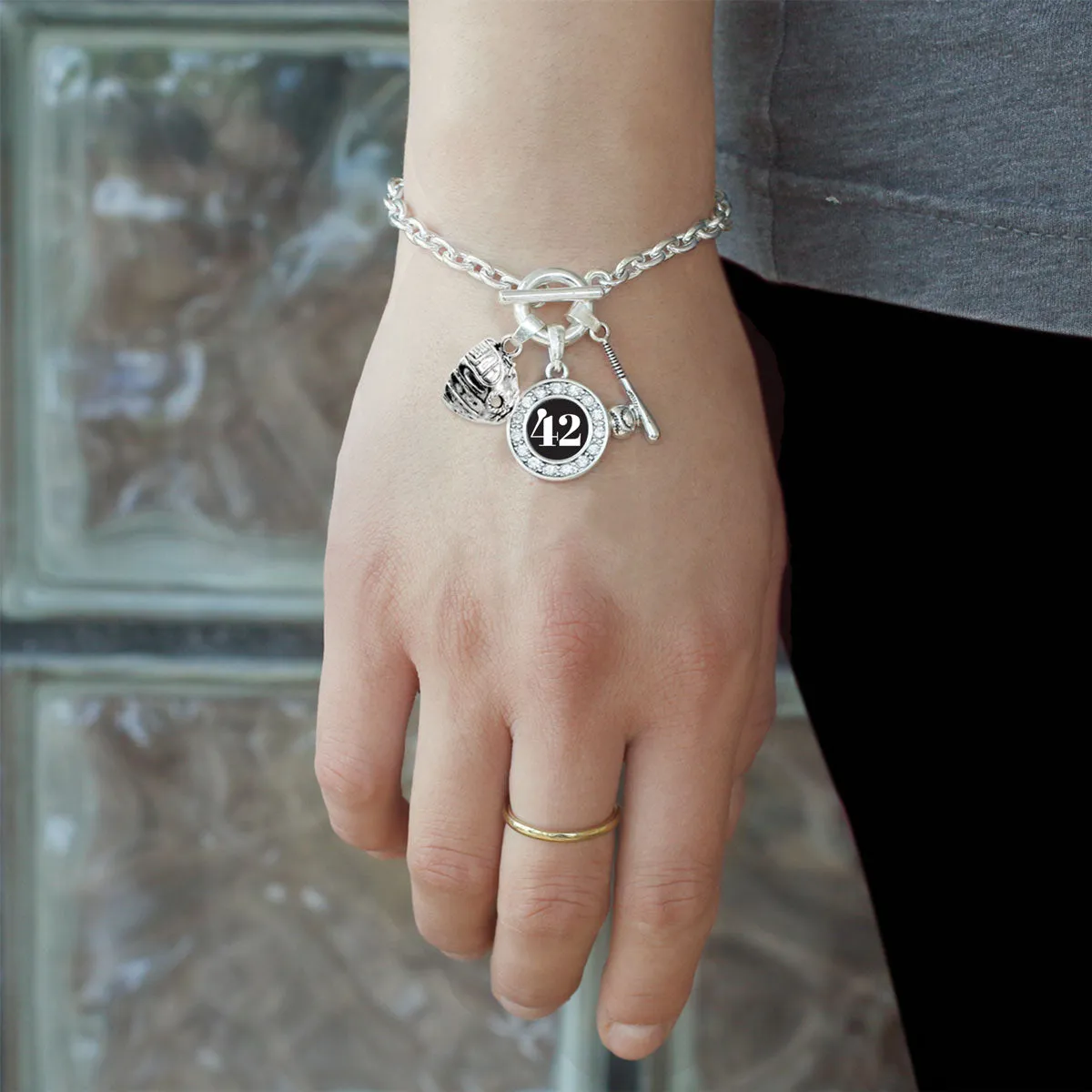 Silver Baseball/Softball - Sports Number 42 Circle Charm Toggle Bracelet