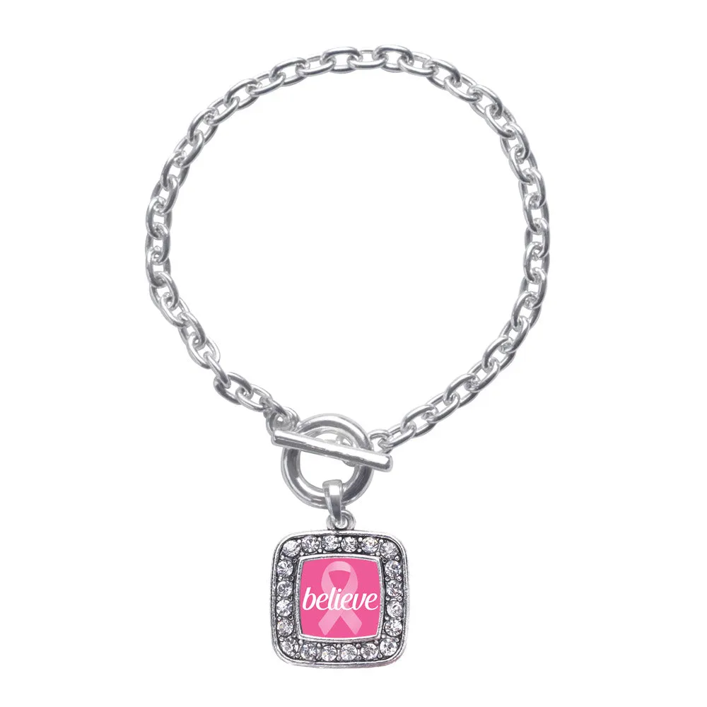 Silver Believe Breast Cancer Awareness Square Charm Toggle Bracelet