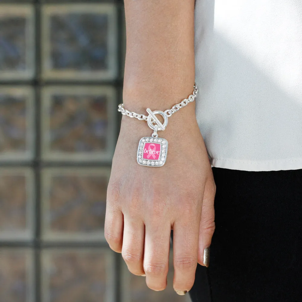 Silver Believe Breast Cancer Awareness Square Charm Toggle Bracelet