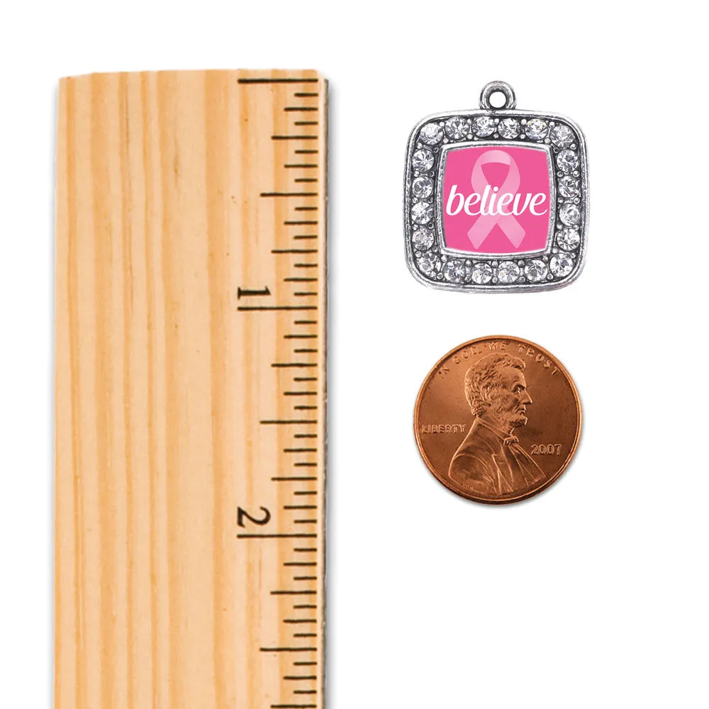 Silver Believe Breast Cancer Awareness Square Charm Toggle Bracelet