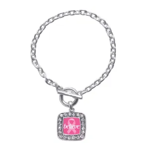 Silver Believe Breast Cancer Awareness Square Charm Toggle Bracelet