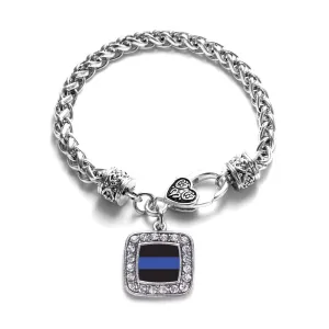 Silver Blue Line Law Enforcement Support Square Charm Braided Bracelet