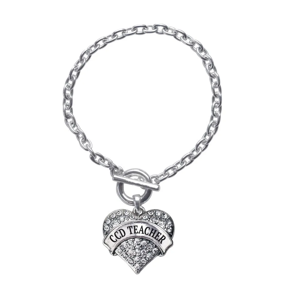 Silver CCD Teacher Pave Heart Charm Toggle Bracelet