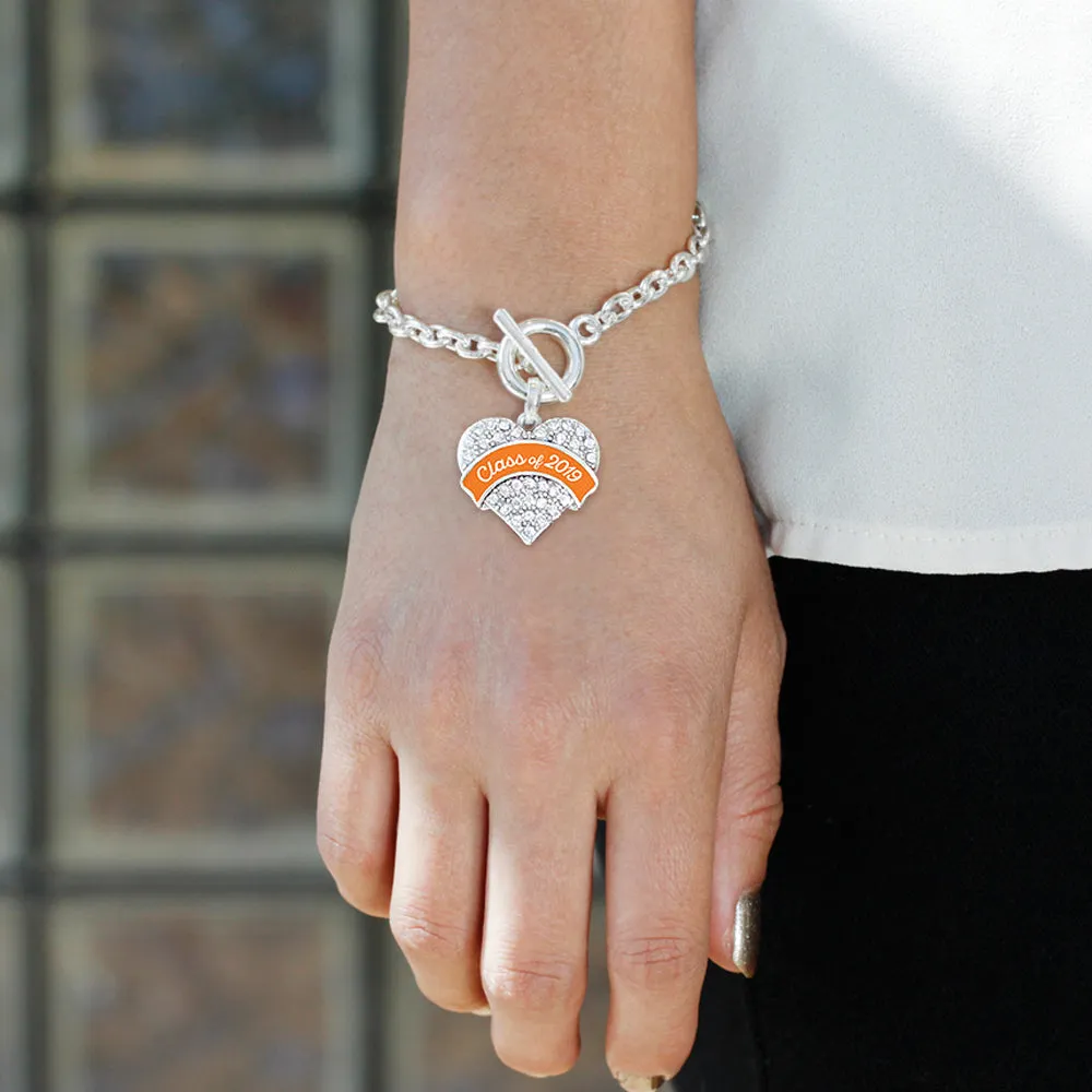 Silver Class of 2019 - Orange Pave Heart Charm Toggle Bracelet