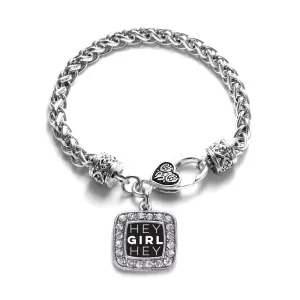 Silver Hey Girl Hey Square Charm Braided Bracelet
