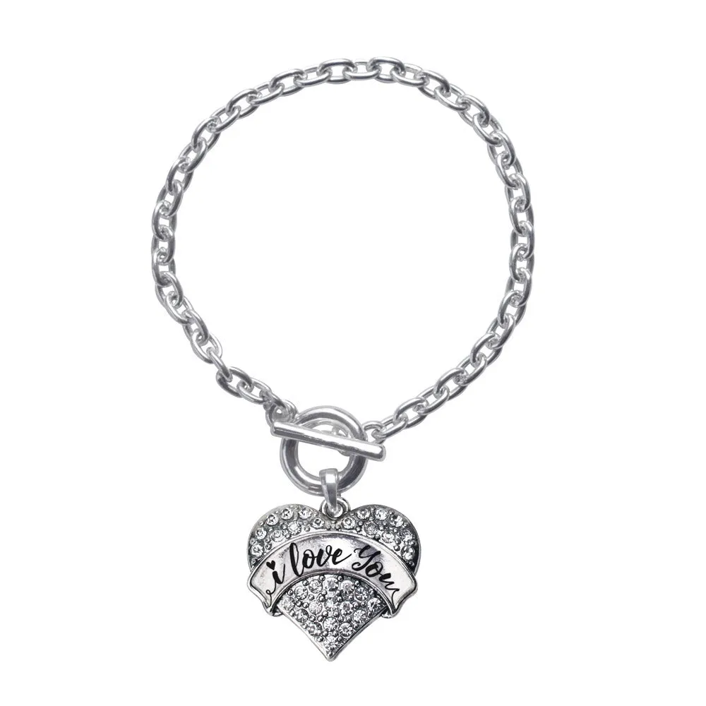 Silver I Love You Handwritten Script Pave Heart Charm Toggle Bracelet