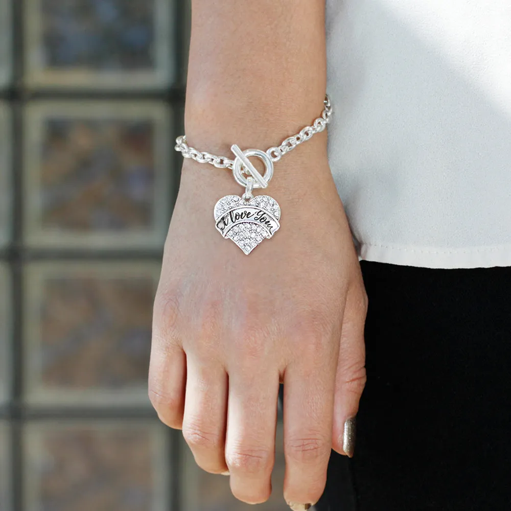 Silver I Love You Handwritten Script Pave Heart Charm Toggle Bracelet