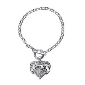 Silver I Love You Handwritten Script Pave Heart Charm Toggle Bracelet