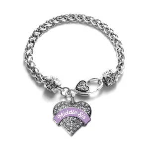 Silver Lavender Middle Sister Pave Heart Charm Braided Bracelet