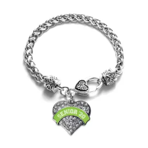 Silver Lime Green Senior 2020 Pave Heart Charm Braided Bracelet