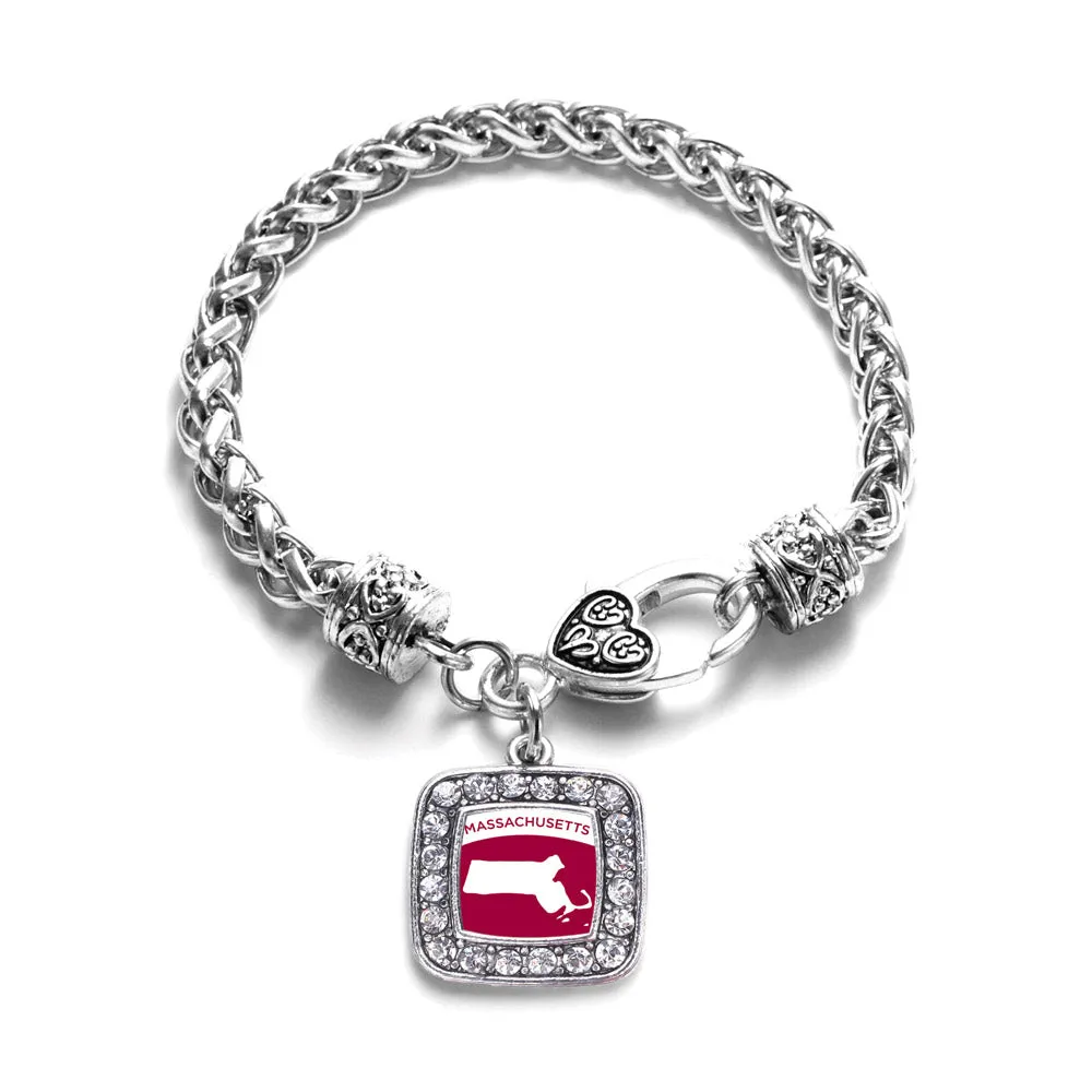 Silver Massachusetts Outline Square Charm Braided Bracelet