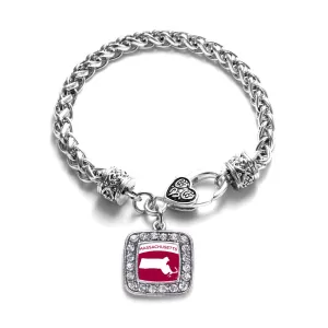 Silver Massachusetts Outline Square Charm Braided Bracelet