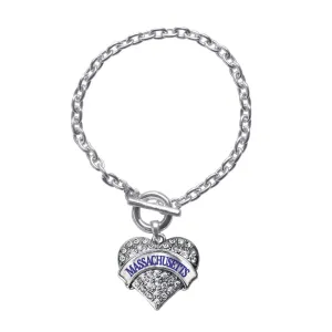 Silver Massachusetts Pave Heart Charm Toggle Bracelet