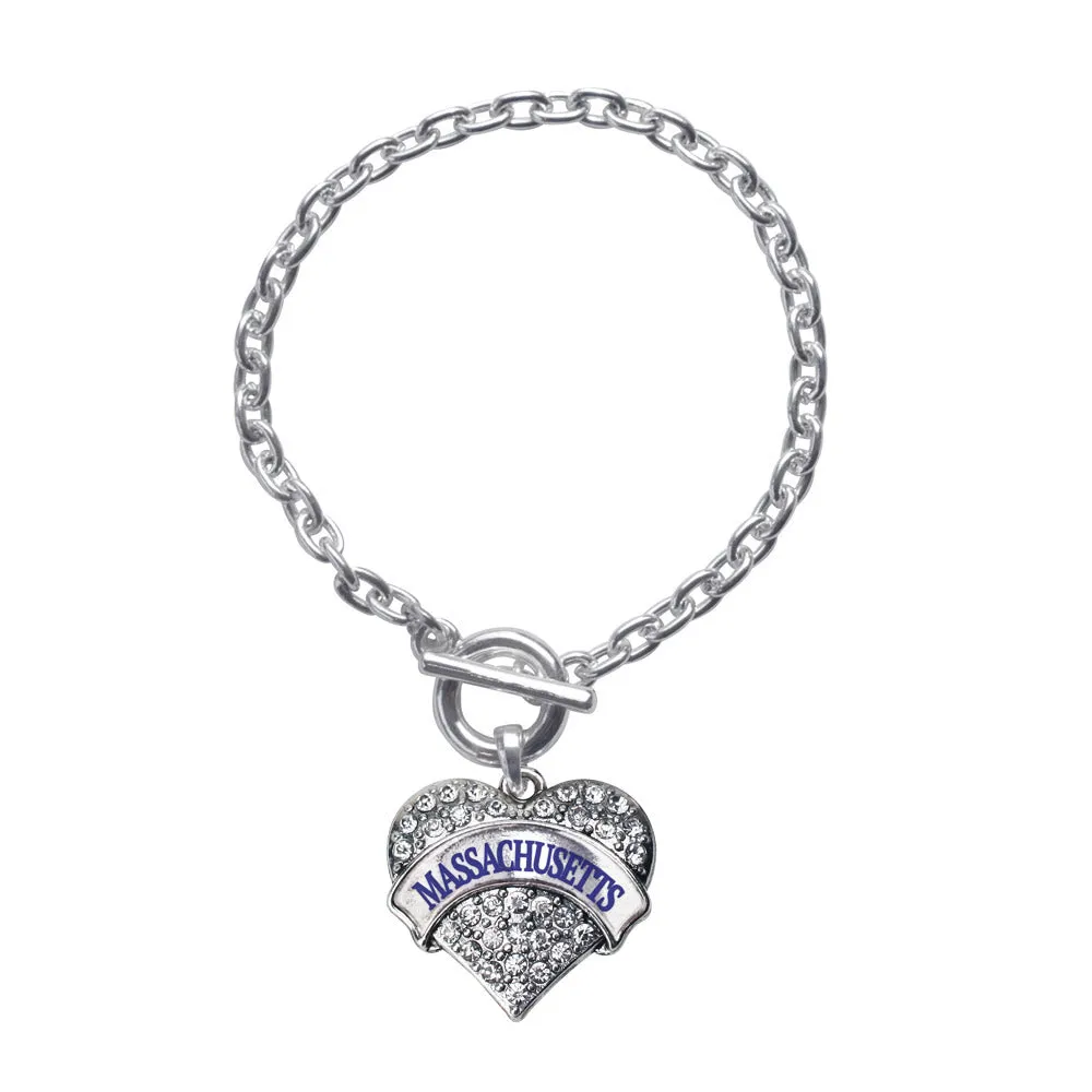 Silver Massachusetts Pave Heart Charm Toggle Bracelet