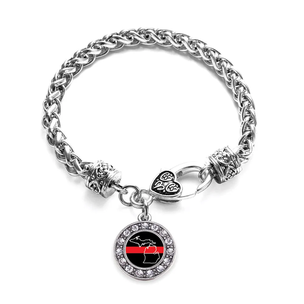 Silver Michigan Thin Red Line Circle Charm Braided Bracelet
