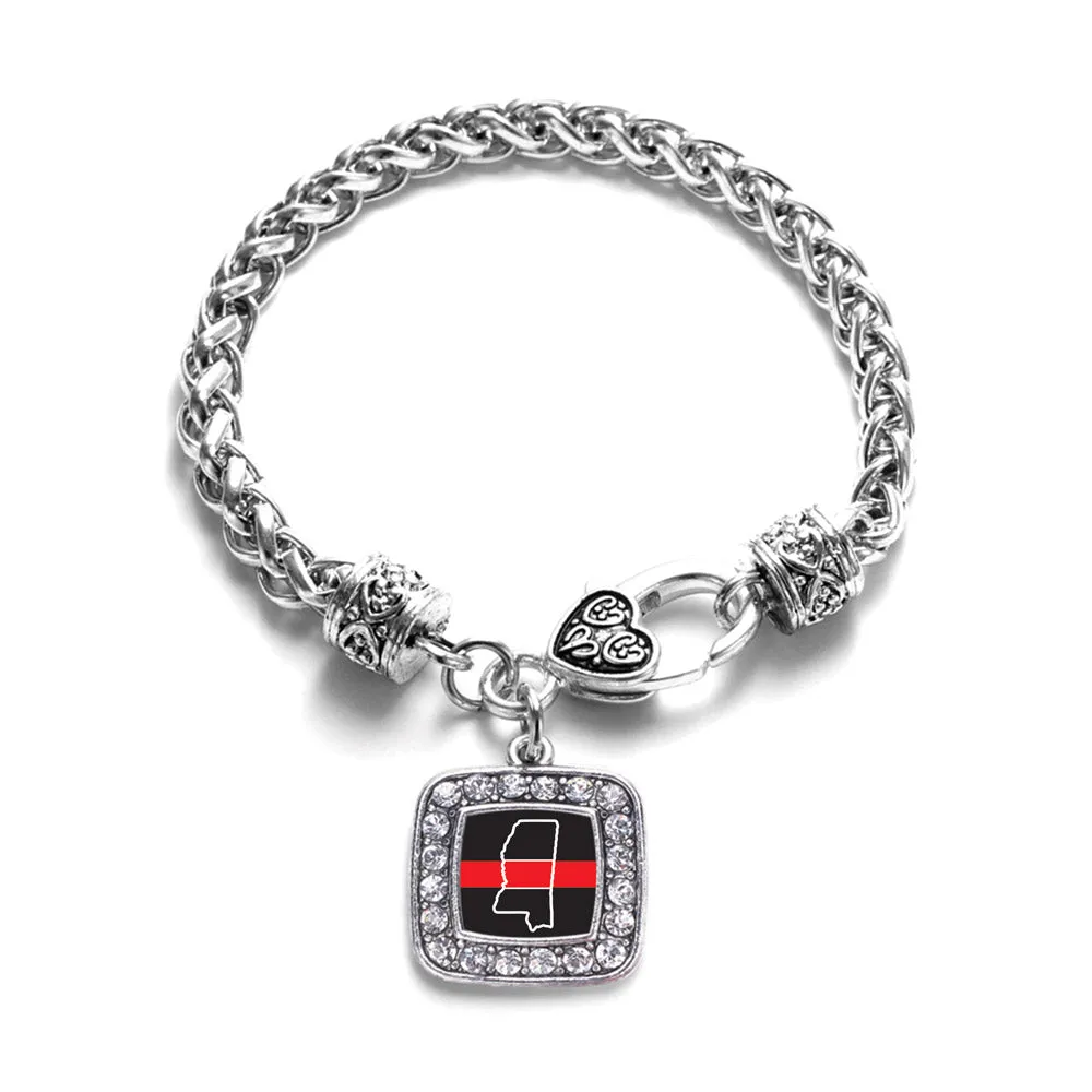 Silver Mississippi Thin Red Line Square Charm Braided Bracelet