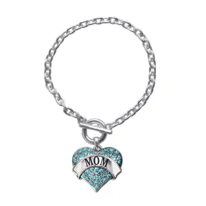 Silver Mom Aqua Aqua Pave Heart Charm Toggle Bracelet