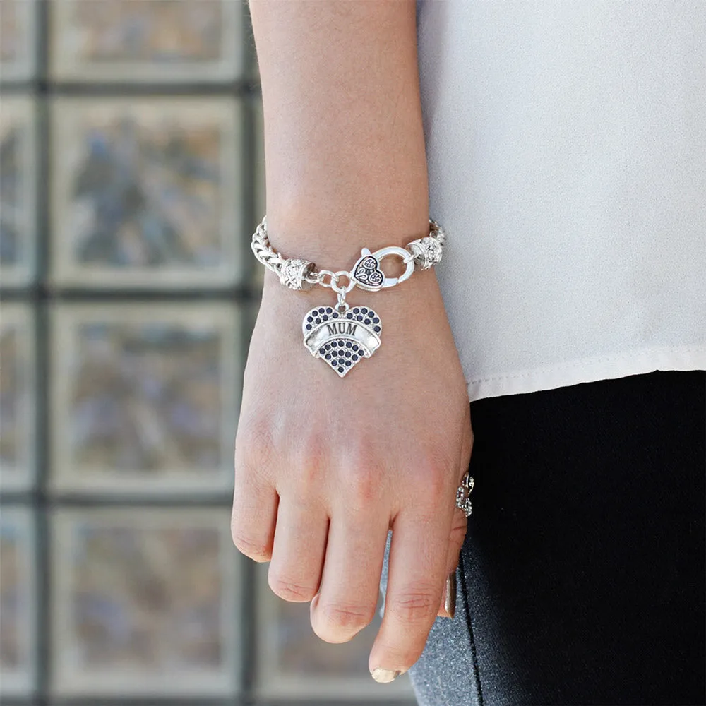 Silver Mum Navy Blue Pave Heart Charm Braided Bracelet