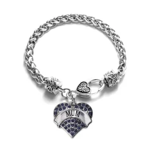 Silver Mum Navy Blue Pave Heart Charm Braided Bracelet