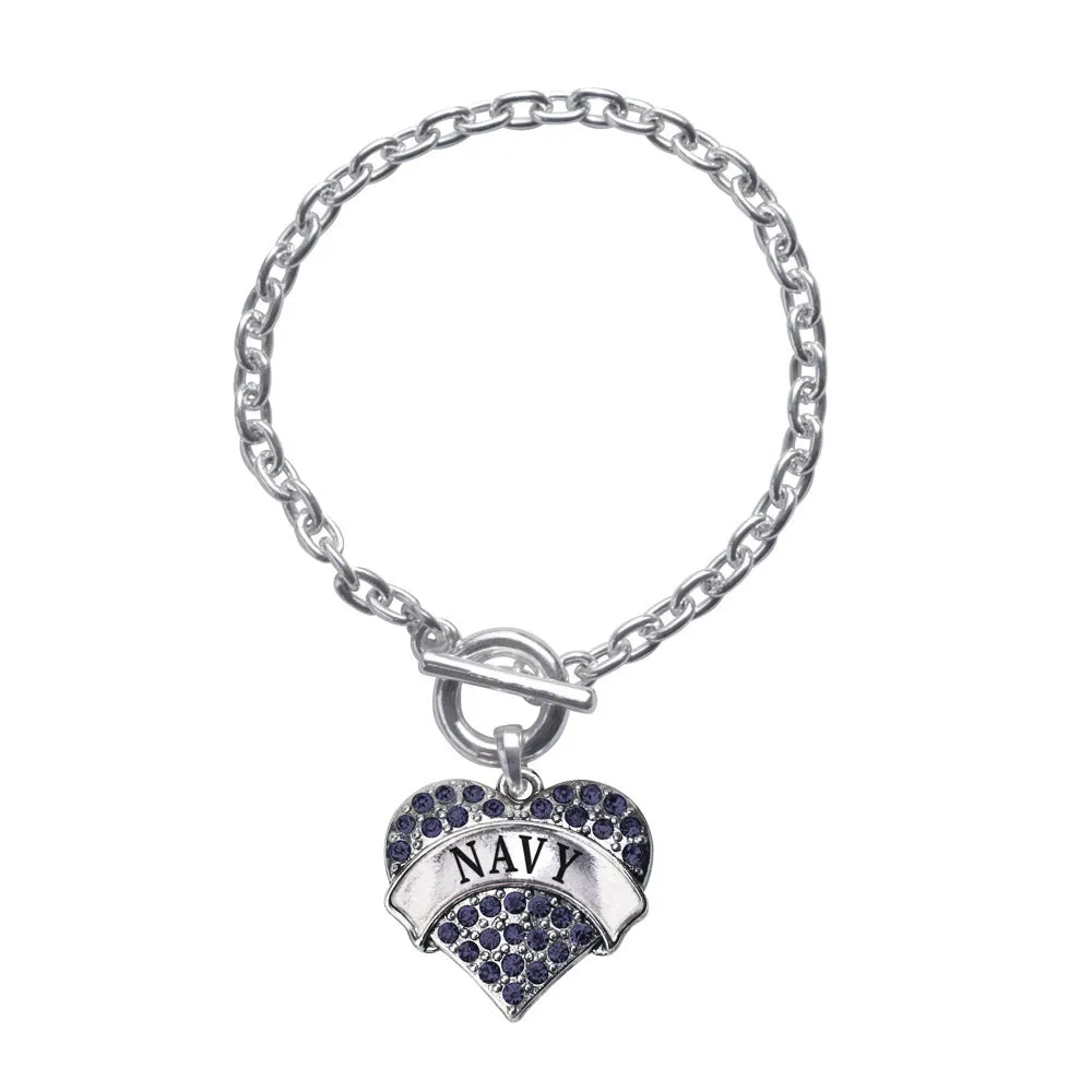 Silver Navy Blue Pave Heart Charm Toggle Bracelet