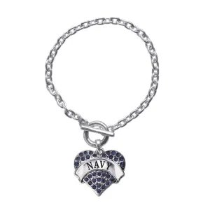 Silver Navy Blue Pave Heart Charm Toggle Bracelet