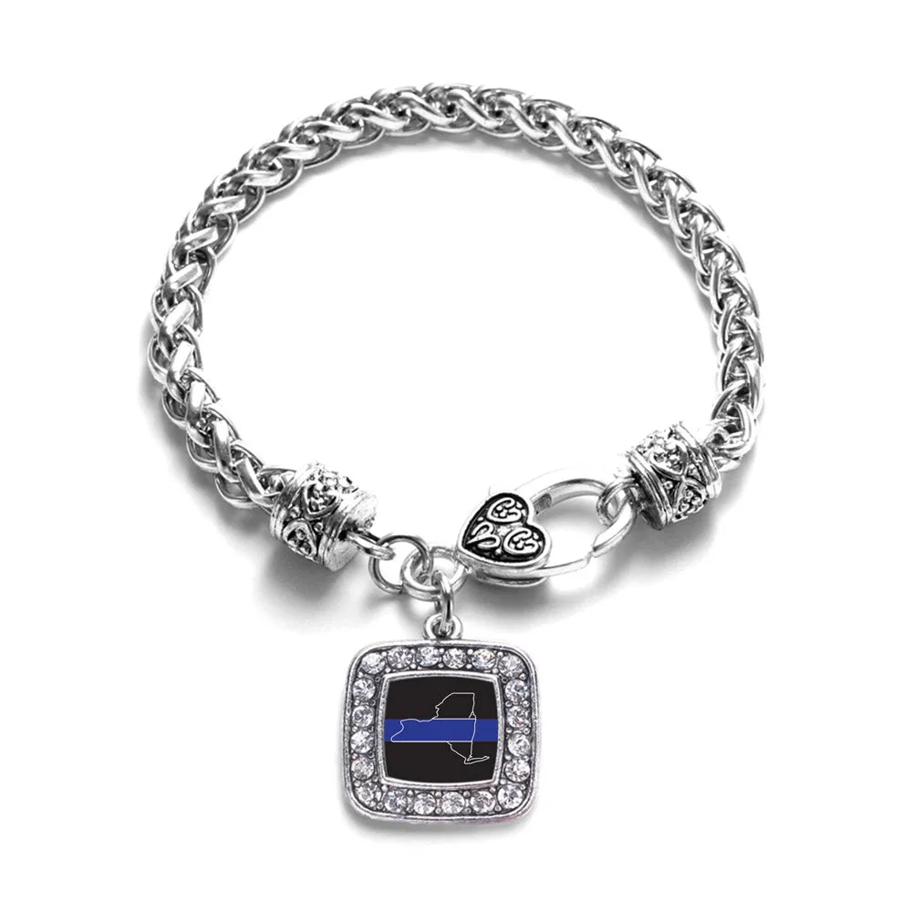 Silver New York Thin Blue Line Square Charm Braided Bracelet