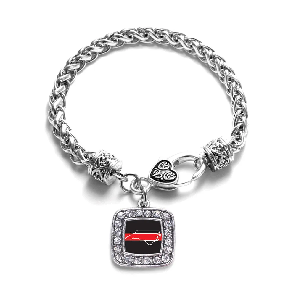 Silver North Carolina Thin Red Line Square Charm Braided Bracelet