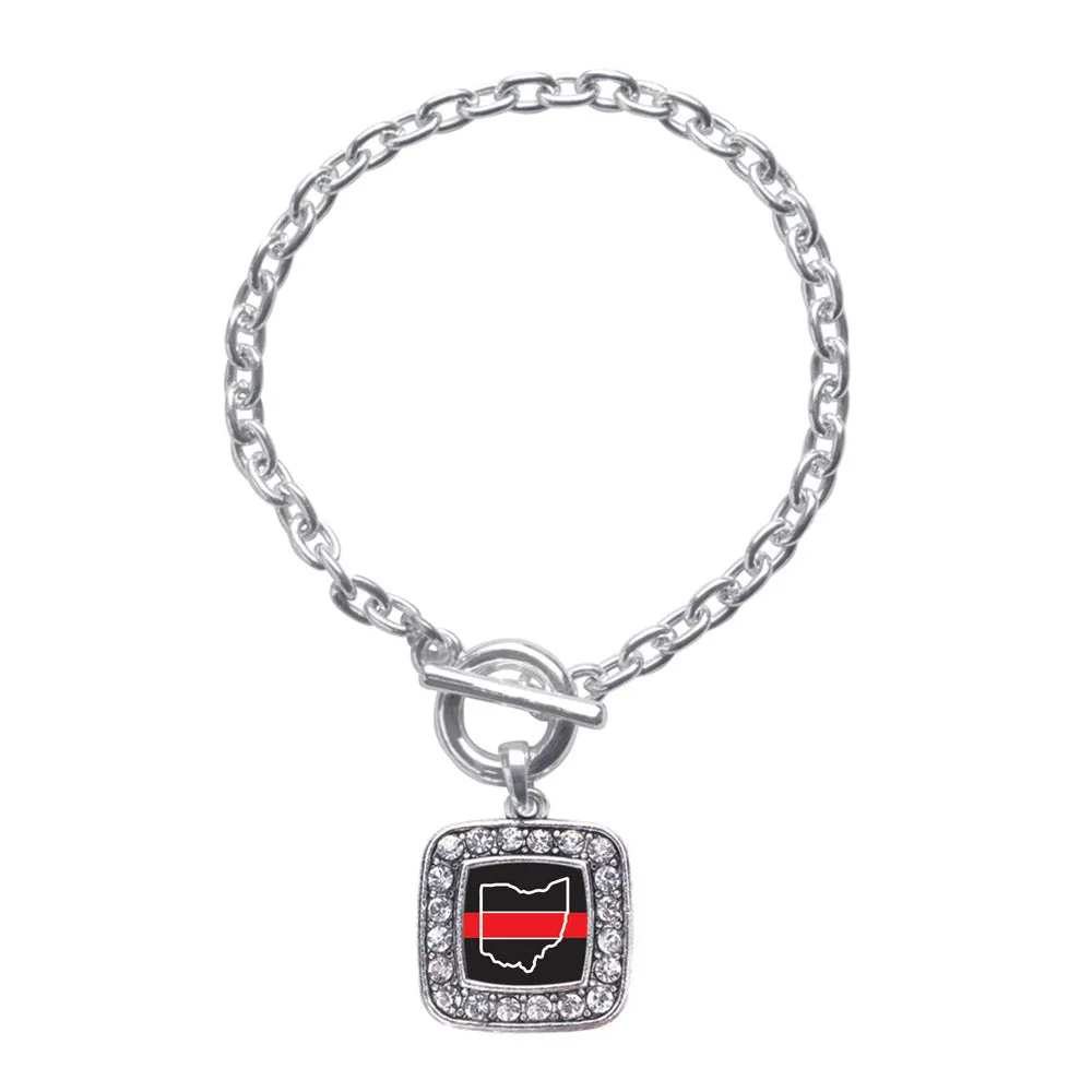 Silver Ohio Thin Red Line Square Charm Toggle Bracelet