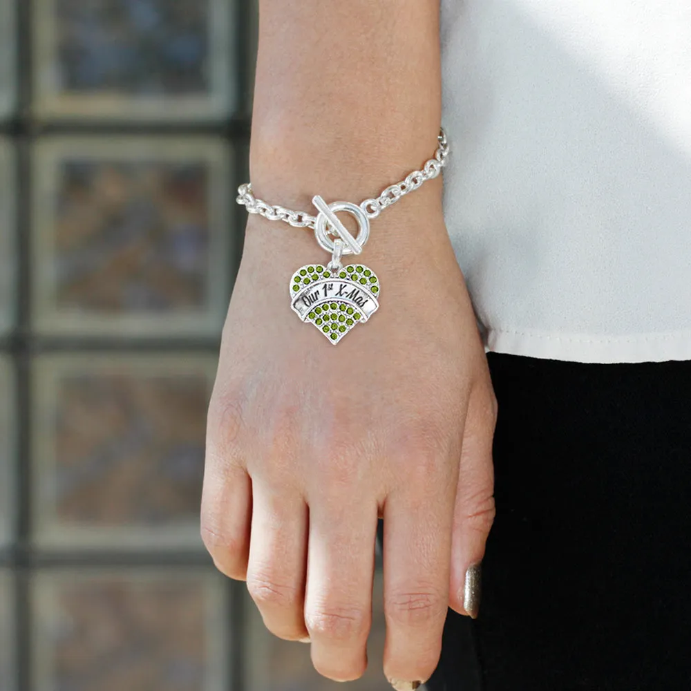 Silver Our 1st X-Mas Green Green Pave Heart Charm Toggle Bracelet