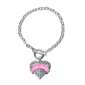 Silver Pink Girl Boss Pave Heart Charm Toggle Bracelet