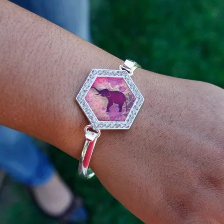 Silver Purple Elephant Hexagon Charm Bangle Bracelet