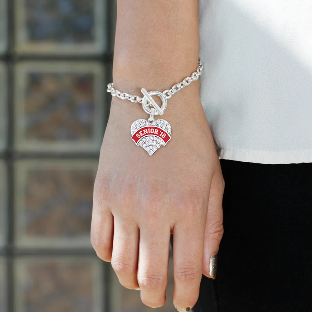 Silver Red Senior 2018 Pave Heart Charm Toggle Bracelet