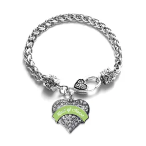 Silver Sage Green Maid of Honor Pave Heart Charm Braided Bracelet