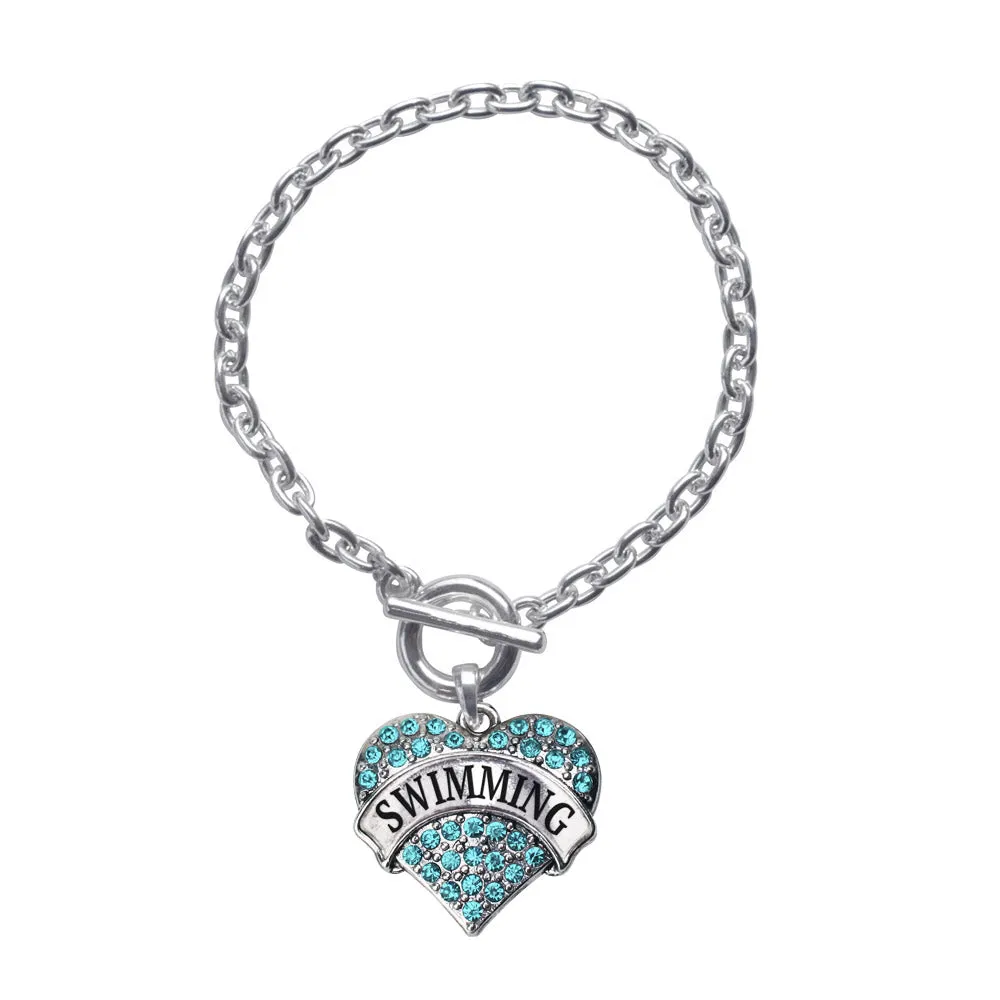 Silver Swimming Aqua Pave Heart Charm Toggle Bracelet