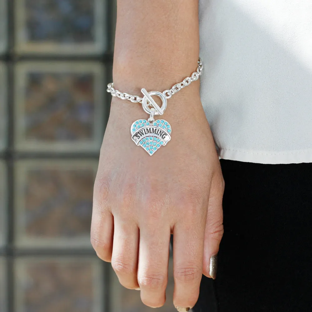 Silver Swimming Aqua Pave Heart Charm Toggle Bracelet