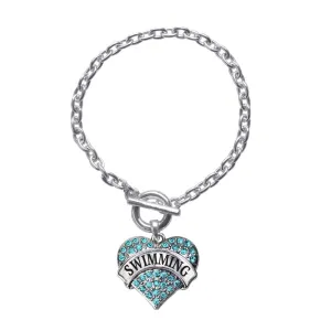 Silver Swimming Aqua Pave Heart Charm Toggle Bracelet