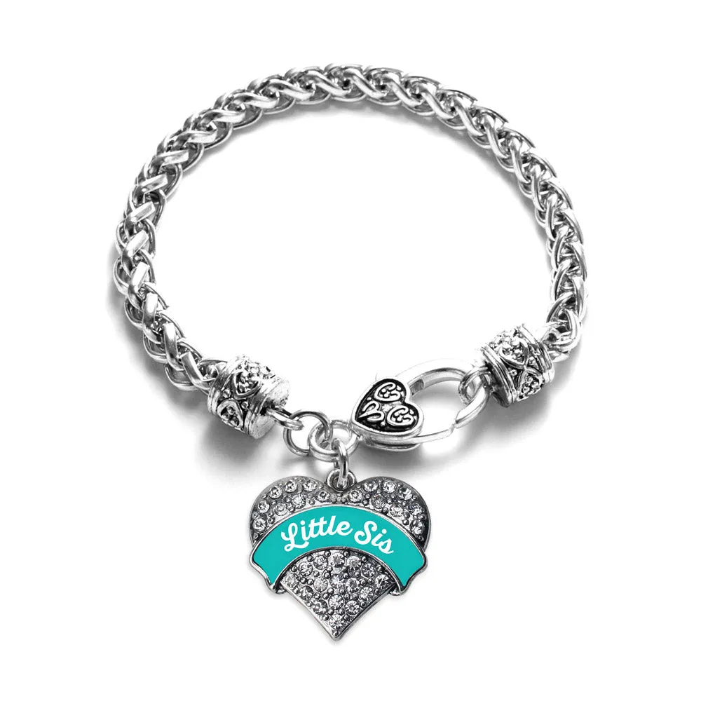 Silver Teal Little Sister Pave Heart Charm Braided Bracelet