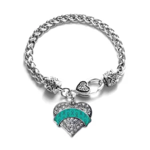 Silver Teal Ribbon Support Pave Heart Charm Braided Bracelet