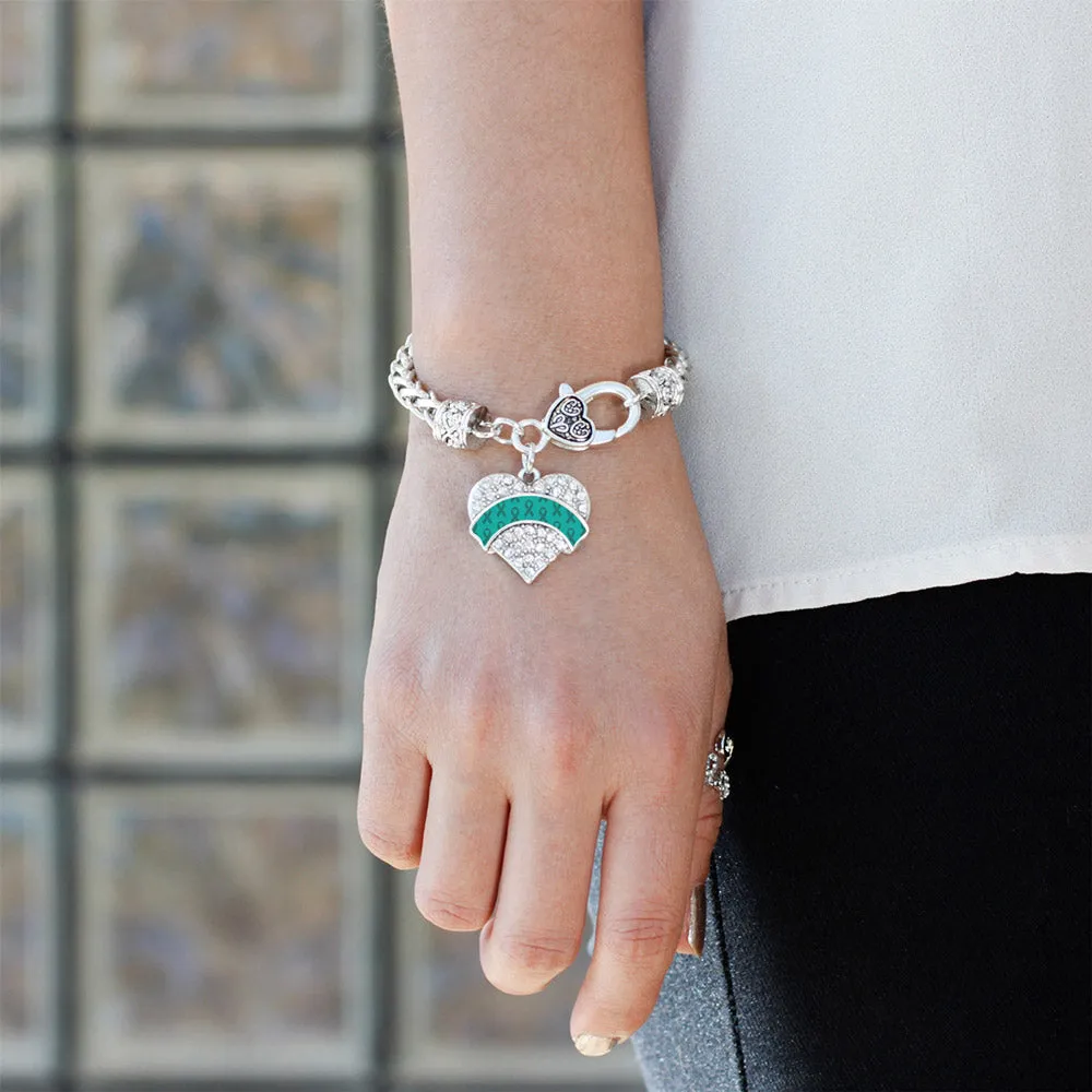 Silver Teal Ribbon Support Pave Heart Charm Braided Bracelet
