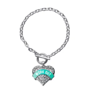 Silver Teal Work Out Pave Heart Charm Toggle Bracelet