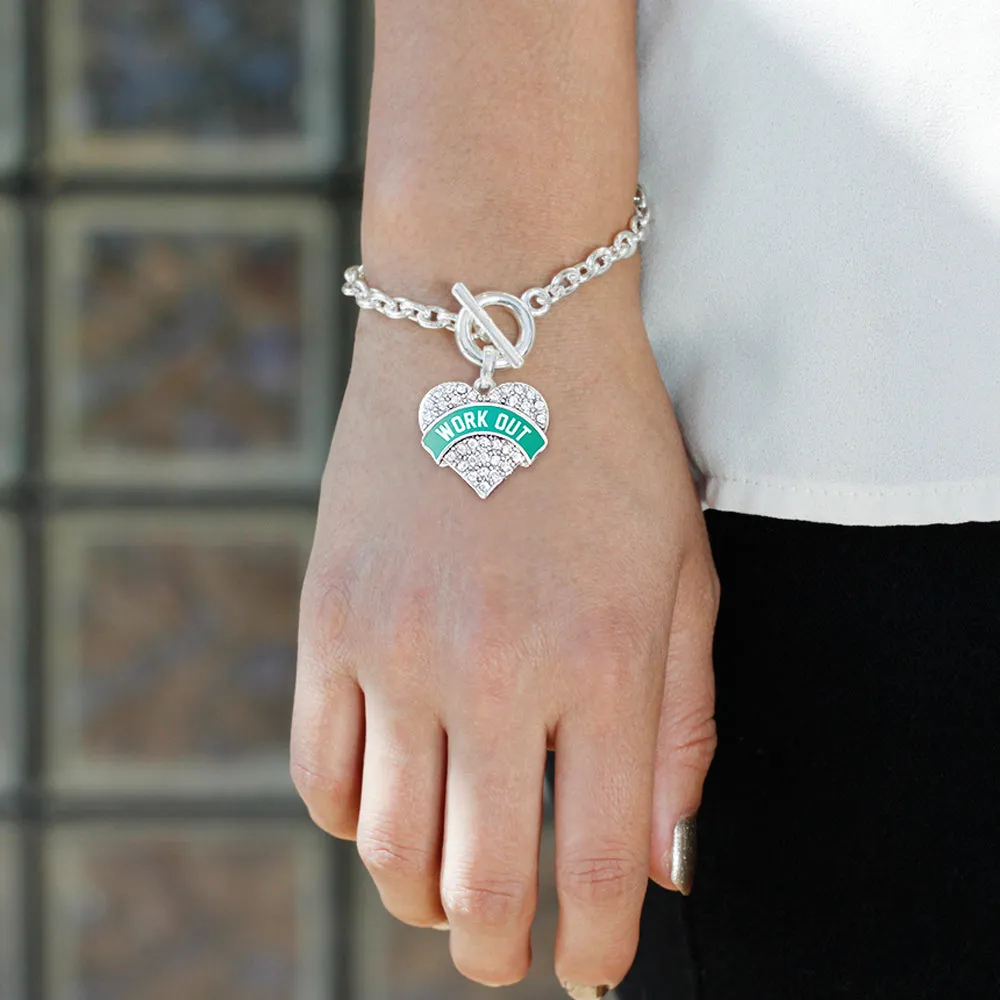 Silver Teal Work Out Pave Heart Charm Toggle Bracelet
