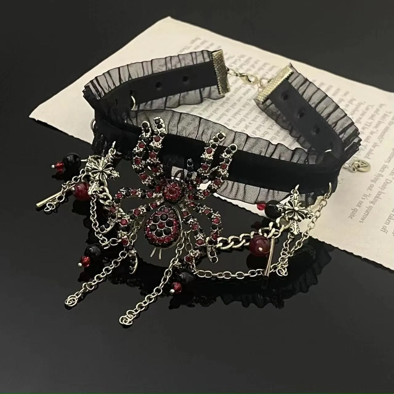 Spider beaded mesh choker necklace