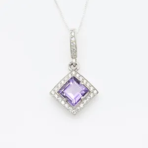 Square Amethyst Necklace - Genuine Amethyst Pendant - Amethyst Vintage Necklace