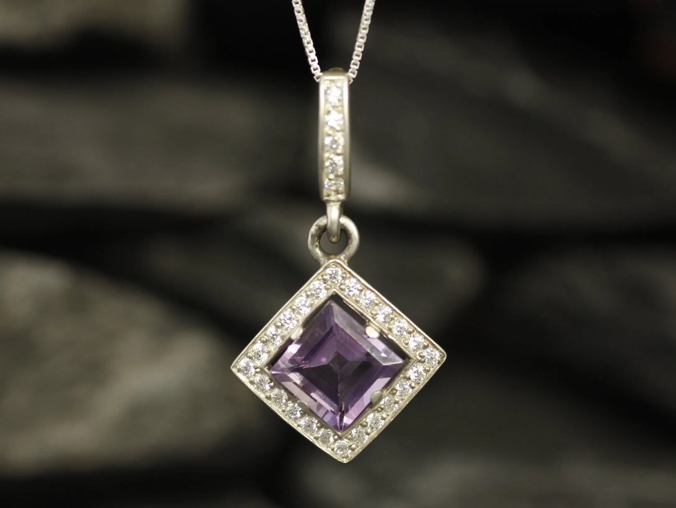 Square Amethyst Necklace - Genuine Amethyst Pendant - Amethyst Vintage Necklace